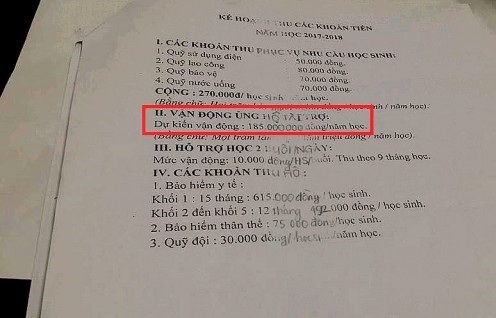 “Thực hư” trường vận động đóng 500.000 đ/HS để xây dựng chuẩn quốc gia - 1 Tờ giấy thông báo thu tiền có khoản Vận động ủng hộ tài trợ, dự kiến là 185 triệu đồng/năm học.