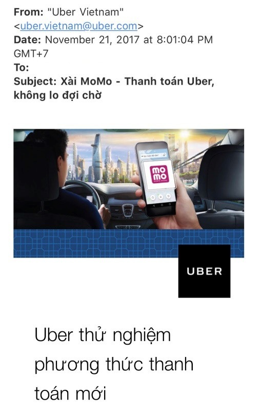 Uber có thêm phương thức thanh toán thứ 3 - Ví điện tử MoMo - 1 Email gợi lên nhiều tò mò cũng như hào hứng cho người dùng Uber