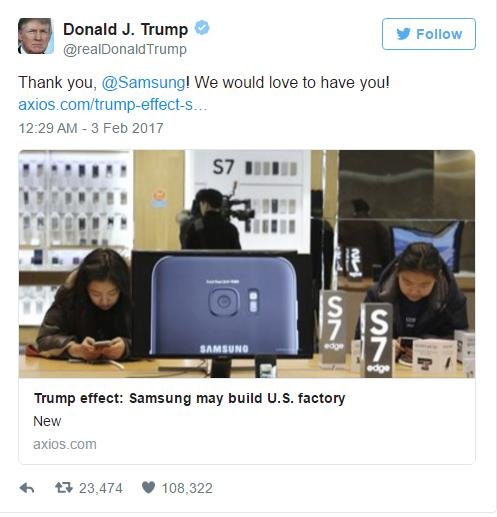 Samsung dự định xây nhà máy tại Mỹ, Tổng thống Trump khoe ngay trên Twitter - 1 Dòng Tweet của Trump cảm ơn và bày tỏ tình cảm của Mỹ với Samsung.