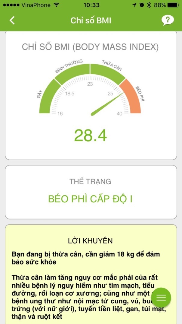 Ứng dụng giúp bạn theo dõi sức khoẻ tim mạch trên smartphone - 2 
Chỉ số BMI được đo lường dễ dàng và nhanh chóng cùng lời khuyên của ứng dụng TIM KHOẺ