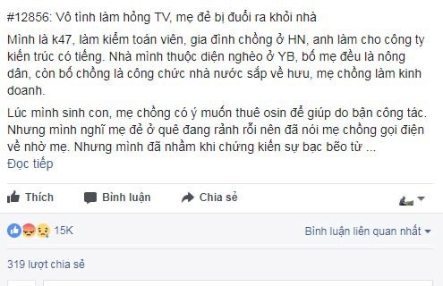Rơi nước mắt cảnh mẹ đẻ lên chăm cháu bị mẹ chồng đuổi ra khỏi nhà - 1 Ngay khi đăng tải tâm sự này thu hút hơn 15 nghìn người quan tâm. (Ảnh chụp màn hình)