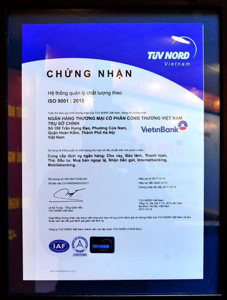 Hệ thống Quản lý chất lượng VietinBank đạt chuẩn ISO 9001:2015 - 2 Chứng nhận ISO 9001:2015 dành cho hệ thống Quản lý chất lượng VietinBank
