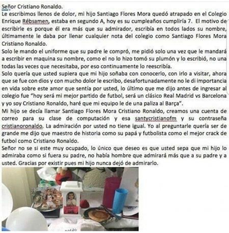 Nghẹn lời trước nghĩa cử C.Ronaldo dành cho fan nhí vừa tử nạn - 3 Bố mẹ bé Santiago Flores Mora từng gửi thư cho C.Ronaldo