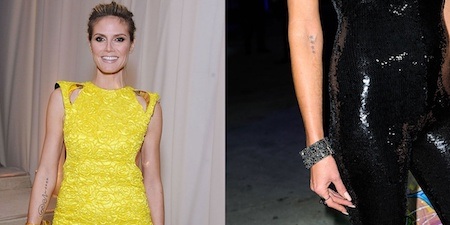 Tình yêu tan vỡ, sao vừa thất tình vừa mất cả hình xăm - 4 Heidi Klum và Seal từng là một trong những cặp đôi đẹp nhất nhì làng giải trí thế giới và siêu mẫu người Đức còn từng xăm cái tên Seal lên cánh tay như một minh chứng tình yêu. Tuy nhiên, sau khi cặp sao ly dị, Heidi Klum đã phải đi xóa ngay hình xăm kỉ niệm.