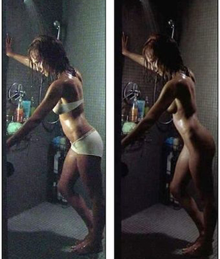 Cảnh khỏa thân khi tắm của Jessica Alba trong bộ phim “Machete” từng gây xôn xao khi ra rạp nhưng thực chất, nhà sản xuất đã sử dụng hiệu ứng kỹ xảo CGI để “lột” bộ đồ lót màu trắng trên người nữ diễn viên.