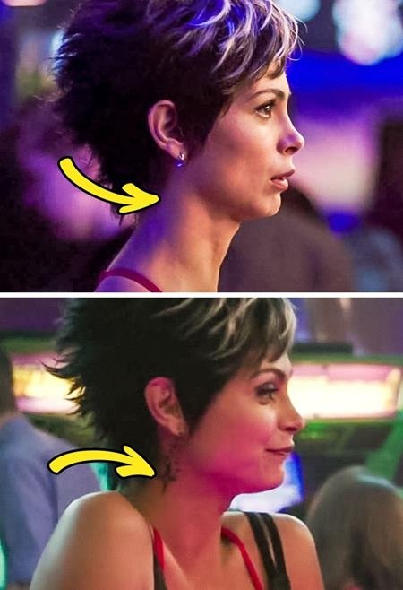 “Soi” lỗi hài hước trong các bom tấn Hollywood - 4 Trong một cảnh quay tại quán bar, hình xăm của cô bạn gái Deadpool lại lúc có lúc không