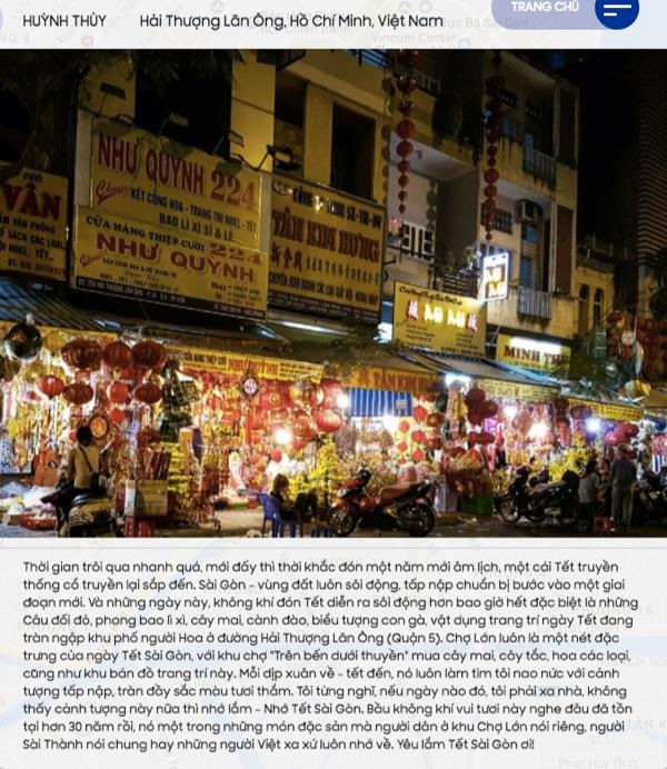 Hành trình “Tết trọn trải nghiệm” gói trọn sắc xuân ba miền - 6 Tết thành phố Hồ Chí Minh trong mắt bạn Huỳnh Thuỷ là những con đường bán đồ trang trí ở quận 5, luôn tấp nập và sôi động như chính nhịp sống thường ngày nơi đây.