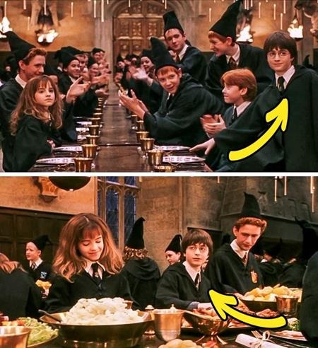 “Soi” lỗi hài hước trong các bom tấn Hollywood - 6 Cũng trong bộ phim “Harry Potter và Hòn đá Phù thủy”, Harry đang ngồi cạnh Ron bỗng lại chuyển qua ngồi giữa Hermione và Percy trong cảnh quay kế tiếp