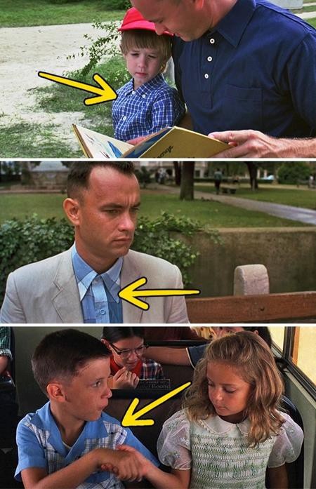 Trong “Forrest Gump”, khán giả có cơ hội theo dõi nhân vật chính từ khi còn là một cậu nhóc, thiếu niên cho tới lúc trưởng thành. Và ở mỗi phân cảnh mở đầu từng thời kì, Forrest Gump lại mặc một chiếc áo kẻ caro xanh. Thậm chí, đến lúc kết phim, con trai của Forrest cũng tiếp nối truyền thống áo xanh của bố mình.