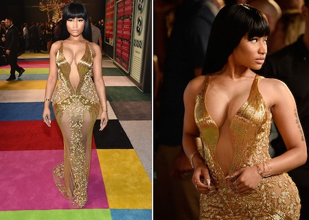 Bộ váy vàng lấp lánh với phần ngực cắt xẻ táo bạo kéo dài tới tận vùng eo mà Nicki Minaj đã mặc khi đến dự lễ trao giải MTV Music Award 2015 chắc chắn sẽ còn “ám ảnh” các fan nam trong suốt một thời gian dài