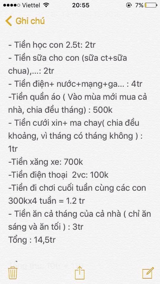 
Nhiều mẹ đồng cảnh đã chia sẻ thông tin về sổ chi tiêu của gia đình mình (ảnh nhân vật đăng tải).
