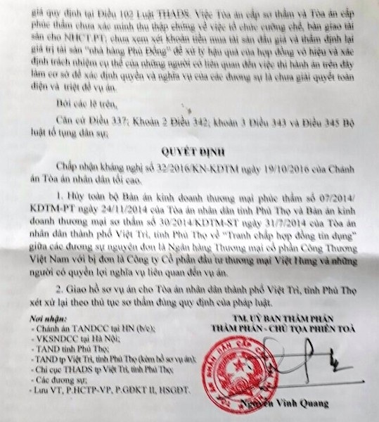 Vụ thi hành án “chấn động” TP Việt Trì: Chấp hành viên đã bất chấp pháp luật thế nào? - 4
Uỷ ban thẩm phán TAND Cấp cao tại Hà Nội chính thức tuyên huỷ 2 bản án sai phạm trong vụ cưỡng chế thi hành án trái luật chưa từng có trong tiền lệ ngành tư pháp tỉnh Phú Thọ.