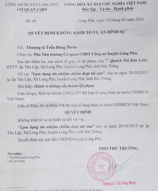 Dân tố bị lừa hàng chục tỷ đồng, công an kết luận không cấu thành tội phạm! - 4 Quyết định không khởi tố vụ án hình sự của Công an huyện Long Phú.