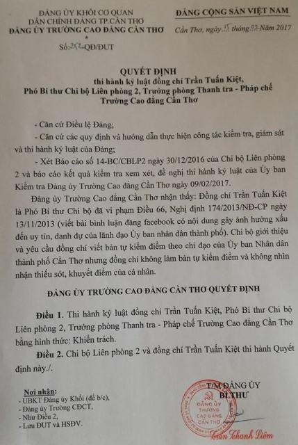Cần Thơ: Một giảng viên bị kỷ luật do viết bình luận trên Facebook - 2 Quyết định kỷ luật Đảng đối với ông Trần Tuấn Kiệt.