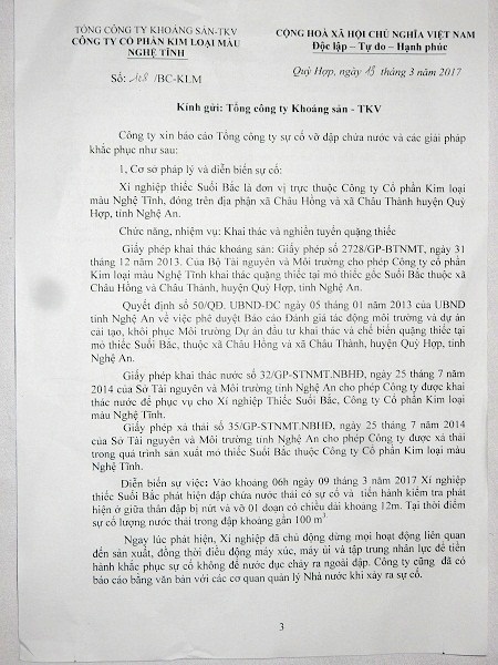 Bộ Công Thương kiểm tra vụ vỡ bể lắng chất thải quặng - 3 Báo cáo mới nhất của Công ty CP kim loại màu Nghệ Tĩnh.
