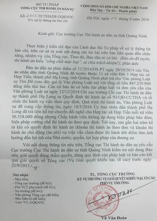 Quảng Ninh: VKSND Tối cao xác định sai phạm trong vụ thi hành án kiểu “sống chết mặc bay” - 3
Tổng cục Thi hành án chỉ đạo xử lý vụ thi hành án kiểu “sống chết mặc bay”.