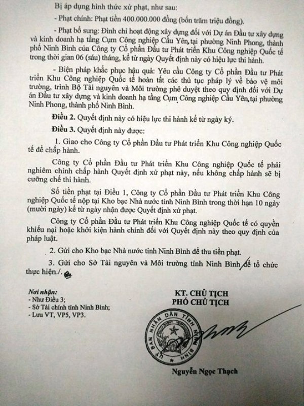 Ninh Bình: Phạt chủ đầu cụm công nghiệp Cầu Yên 400 triệu đồng vì trốn ĐTM! - 3 Quyết định xử phạt 400 triệu đồng của UBND tỉnh Ninh Bình đối với Công ty CP Đầu tư phát triển Khu công nghiệp quốc tế vì xây dựng CCN Cầu Yên không có ĐTM.
