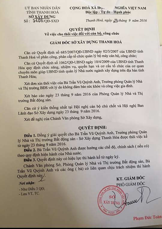 
Đại diện Sở Xây dựng từ chối trả lời về quyết định cho thôi việc đối với bà Trần Vũ Quỳnh Anh đang được lan truyền trên mạng xã hội.
