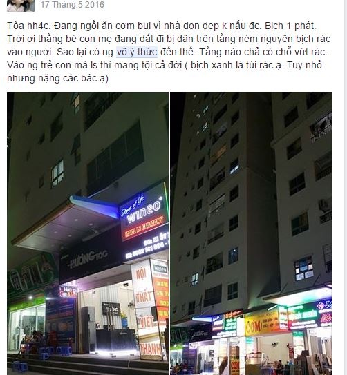 "Sốc" với văn hóa chung cư: Từ vứt rác bừa bãi đến... đại tiện ngoài hành lang - 3 Một cư dân chung cư Linh Đàm bức xúc vì bị túi rác rơi trúng đầu một bé trai tòa nhà