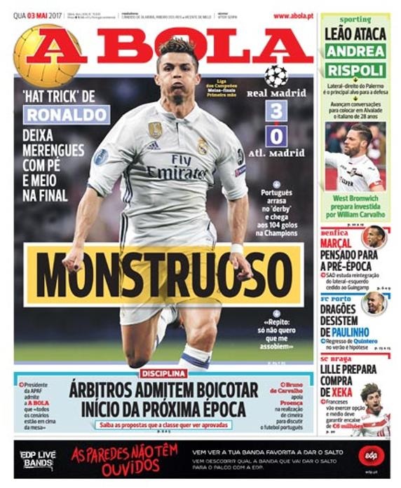 Báo chí thế giới ca ngợi màn trình diễn siêu hạng của C.Ronaldo trước Atletico - 2 Quái dị, đó là dòng tít trên tờ A Bola khi nói về C.Ronaldo
