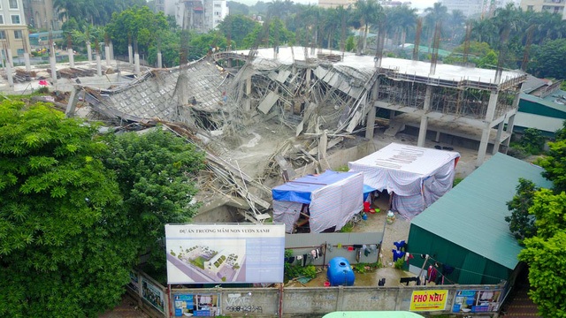 Hiện trường vụ sập công trình xây dựng trường mầm non Vườn Xanh. (Ảnh: Toàn Vũ)