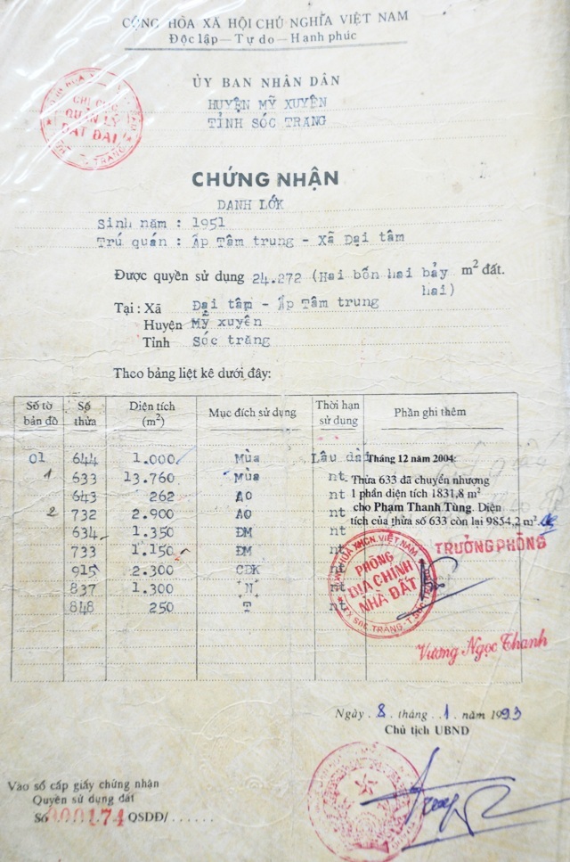 Tòa tuyên người có giấy tờ thua kiện, người thắng kiện chẳng có “mảnh giấy lận lưng”! - 1 Giấy chứng nhận quyền sử dụng đất của ông Danh Ler được cấp năm 1993.