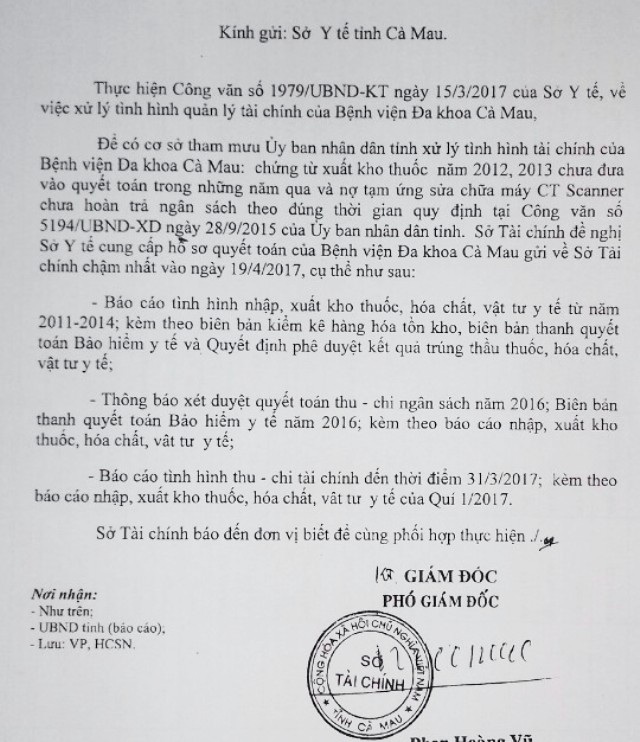 Hàng loạt sai phạm tài chính tại BVĐK tỉnh Cà Mau: Sở Tài chính đề nghị cung cấp hồ sơ quyết toán - 1 Công văn Sở Tài chính gửi Sở Y tế Cà Mau.