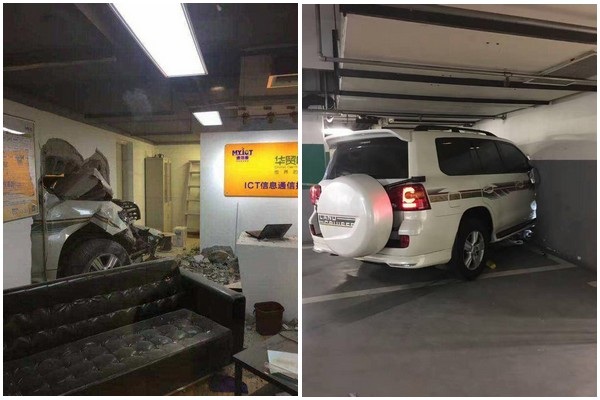 Ngồi trong văn phòng cũng bị ô tô tông - 1 Chiếc xe SUV lao thẳng vào tường văn phòng và bị mắc kẹt