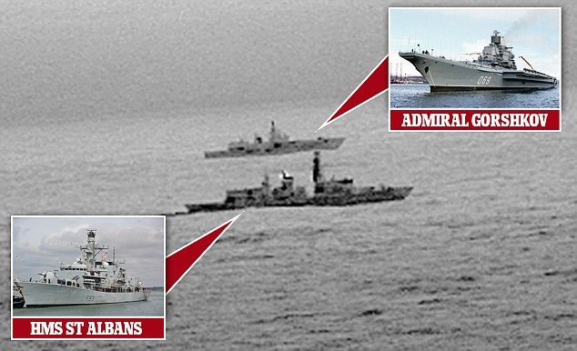 Tàu khu trục Anh áp tải tàu chiến Nga ở Biển Bắc - 1
Tàu khu trục Anh HMS St Albans theo sát chiến Nga Đô đốc Gorshkov ở Biển Bắc (Ảnh: Dailymail)