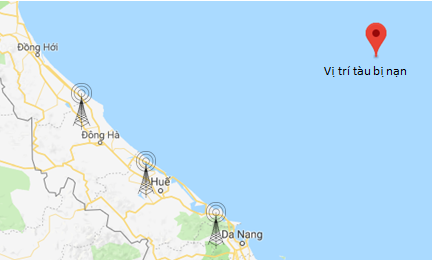 Phát thông báo khẩn trợ giúp tàu cá cùng 7 ngư dân gặp nạn trên biển - 1 Vị trí tàu QB 92450 TS gặp nạn