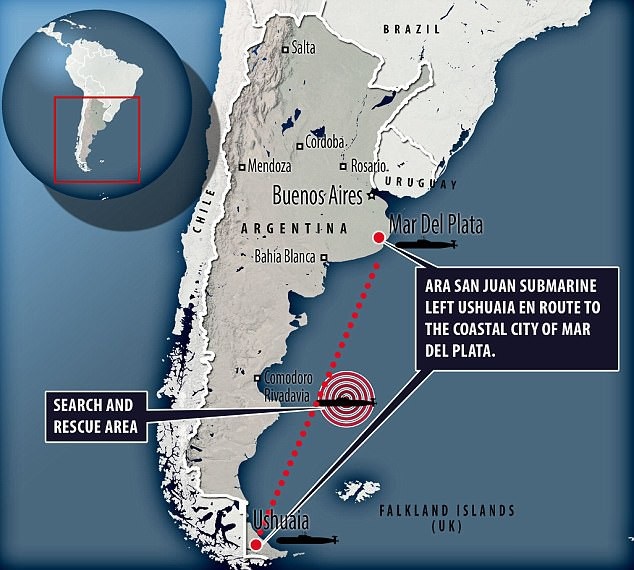 44 thủy thủ tàu ngầm Argentine mất tích có thể chỉ còn đủ dưỡng khí cho 2 ngày - 2
Tàu ngầm San Juan mất tích (khu vòng tròn đỏ) khi đang di chuyển từ Mar del Plata tới Ushuaia. (Đồ họa: BBC)
