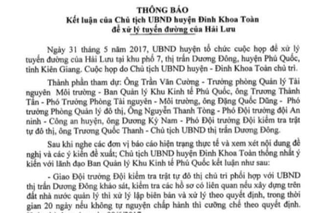 Doanh nghiệp chiếm đường công cộng: Chủ tịch huyện chỉ đạo trả đường! - 10 Thông báo chỉ đạo của Chủ tịch huyện Phú Quốc yêu cầu kiểm tra, tiến hành tháo dỡ công trình lấn chiếm của Công ty Hải Lưu. Nếu doanh nghiệp không tự tháo dỡ thì cưỡng chế theo quyết định.