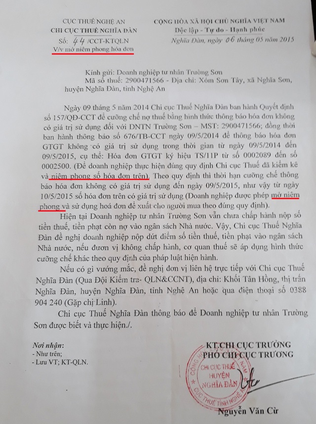 Doanh nghiệp kiện Chi cục thuế: Không mở niêm phong, y án sơ thẩm! - 2 Công văn của Chi cục Thuế Nghĩa Đàn cũng thừa nhận việc niêm phong hóa đơn của DNTN Trường Sơn
