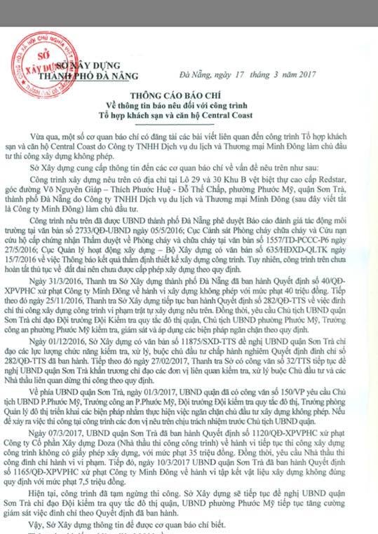 Vụ bị đình chỉ vẫn xây được đến... tầng 10: Công trình đã tạm ngừng thi công - 1 Thông cáo báo chí của Sở Xây dựng Đà Nẵng
