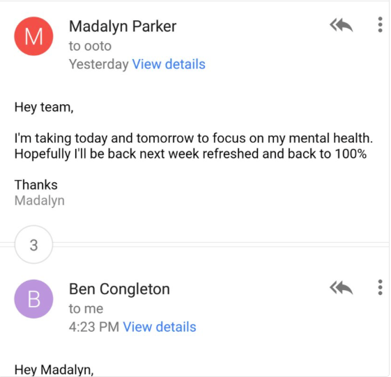 
Trong email, Parker giải thích lý do cô nghỉ làm một thời gian, đó là muốn dành thời gian cho sức khỏe tinh thần để có thể hồi phục 100% khi quay trở lại làm việc
