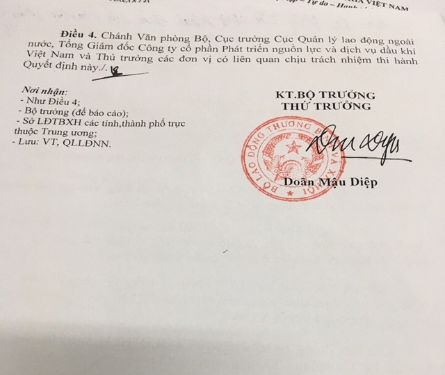 Lời kêu cứu từ Ả rập xê út: Tiếng thở dài của thân phận nữ lao động nghèo! - 4
Quyết định thu hồi giấy phép hoạt động dịch vụ đưa người lao động đi làm việc ở nước ngoài của Công ty cổ phần Phát triển nguồn lực và dịch vụ dầu khí Việt Nam (viết tắt là Cty Petromanning).