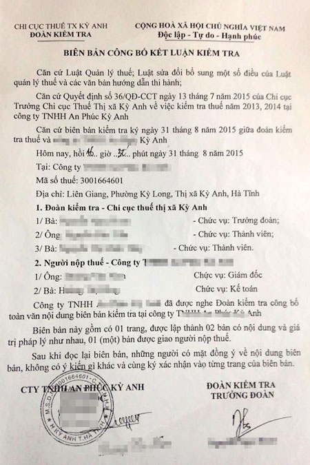 Xôn xao đoạn ghi âm tố cán bộ thuế “làm luật” doanh nghiệp - 1
Biên bản kết luận kiểm tra được cho là vào thời điểm diễn ra cuộc trao đổi trong đoạn ghi âm.