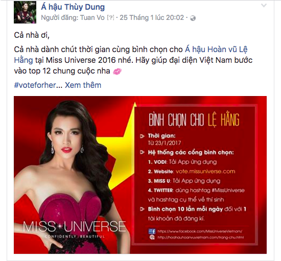 Á hậu Lệ Hằng rưng rưng nhớ Tết Việt trên đất Philippines - 8 Á hậu Thùy Dung gửi lời chúc và kêu gọi bình chọn cho Lệ Hằng.