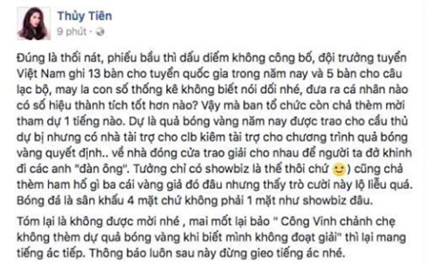 Ồn ào vụ Công Vinh không được mời dự gala trao giải Quả bóng vàng - 2 Những dòng chia sẻ của ca sĩ Thuỷ Tiên đang gây sốc trong 2 ngày qua