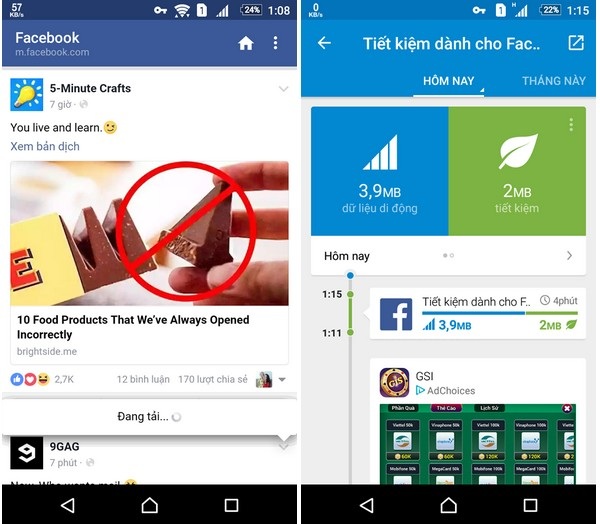 Cách tiết kiệm dung lượng 3G khi thường xuyên lướt Facebook trên smartphone - 1 Giao diện ứng dụng duyệt Facebook do Opera cung cấp (trái) và mức độ tiết kiệm lưu lượng Internet do Opera Max tối ưu (phải)