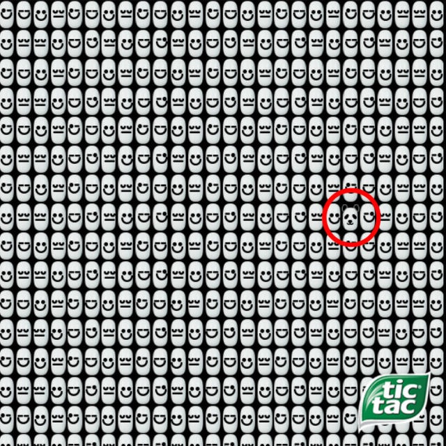 Khuôn mặt màu đen - trắng của chú gấu trúc “ẩn” vào mấy trăm mặt cười cùng màu khiến bạn thật khó phát hiện. Nhưng tóm được chú ta đây rồi nhờ vào đôi tai vểnh lên.