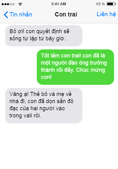 Chết cười với những màn đối đáp trên tin nhắn siêu hài hước - 9 Thì ra, người phải chuyển đi ở riêng không phải là cậu “quý tử”.