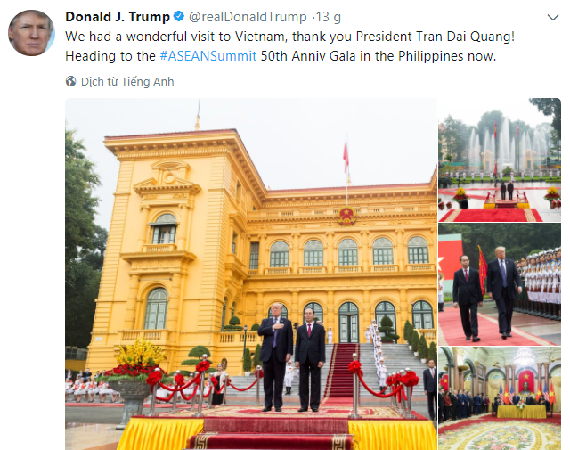 Tổng thống Trump cảm ơn về "ngày tuyệt vời" ở Việt Nam - 3
Lời cảm ơn của Tổng thống Trump về chuyến thăm tuyệt vời ở Việt Nam đăng kèm với các bức ảnh lễ đón với nghi thức trang trọng tại Hà Nội. (Ảnh: Twitter)