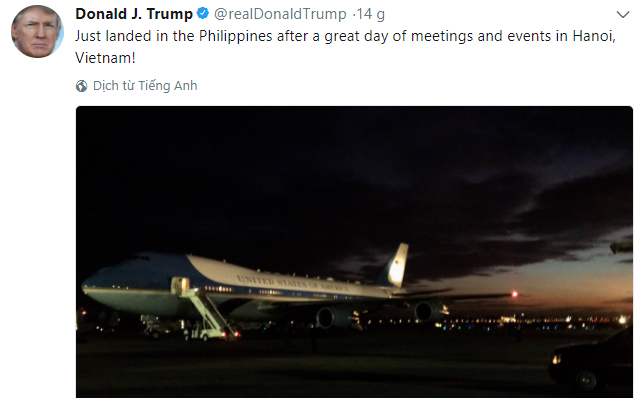 Tổng thống Trump cảm ơn về "ngày tuyệt vời" ở Việt Nam - 2
Tổng thống Trump thông báo hạ cánh ở Philippines sau ngày làm việc tuyệt vời ở Hà Nội. (Ảnh: Twitter)