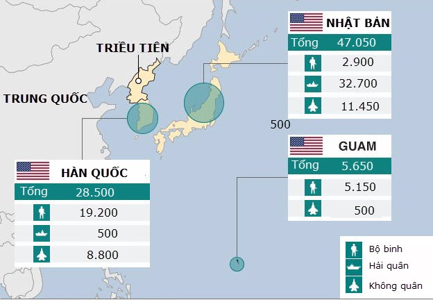 Vì sao Mỹ gần như bất lực trước kho vũ khí của Triều Tiên? - 2 Đồ họa các lực lượng quân sự Mỹ xung quanh Triều Tiên (Đồ họa: BBC)