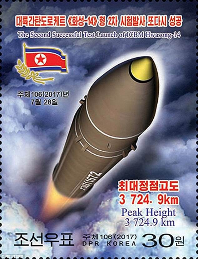 Triều Tiên phát hành bộ “tem tên lửa” giữa lúc căng thẳng - 1 Tem do Triều Tiên phát hành đánh dấu sự kiện phóng thành công tên lửa đạn đạo liên lục địa (Ảnh: KCNA)