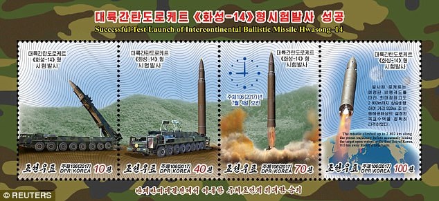 Triều Tiên phát hành bộ tem đặc biệt mừng phóng tên lửa thành công - 4 Thông báo về việc phát hành bộ tem mới, hãng thông tấn quốc gia Triều Tiên (KCNA) cho biết: “Tất cả các con tem đều mô tả thành công của vụ phóng ICBM Hwasong-14, một bước đột phá trong giai đoạn cuối cùng của quá trình hoàn thiện năng lực hạt nhân quốc gia. Đây là một chiến thắng vĩ đại của Triều Tiên trong cuộc chiến chống đế quốc và chống lại sự đối đầu của Mỹ”. (Ảnh: Reuters)