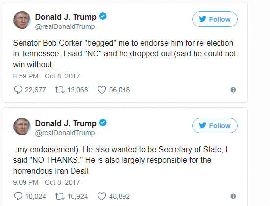 Dòng tweet chỉ trích Thượng nghị sĩ Bob Corker của Tổng thống Donald Trump (Ảnh: Donald Trump Twitter)