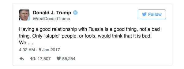 Ông Trump: Chỉ có những gã ngốc mới không tin quan hệ với Nga - 2
Ông Trump đề cao cải thiện quan hệ với Nga. (Ảnh: Twitter)