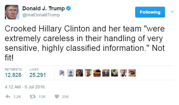 Vì sao chuyện ông Trump tiết lộ thông tin tối mật là một vấn đề lớn? - 2
Ông Trump từng đăng đàn chỉ trích cựu Ngoại trưởng Hillary Clinton về cách thức bà quản lý các thông tin nhạy cảm (Ảnh: Twitter)